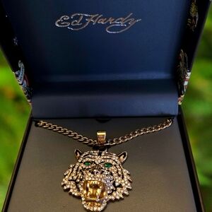 NEW Ed Hardy Stainless Steel 26" Necklace, Unisex, Gold Tiger Pendant, NWT Y2K